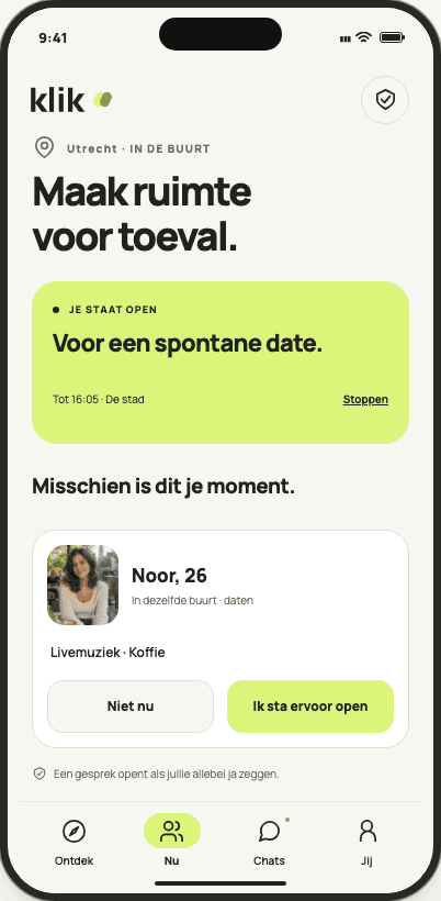 Nu in klik: tijdelijke beschikbaarheid en een voorstel in de buurt.